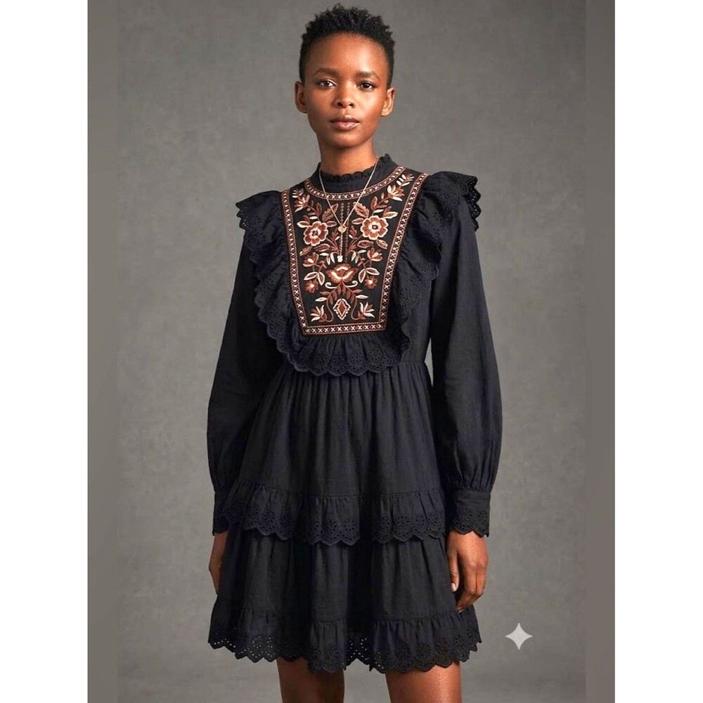 bohme Black Long-Sleeve Embroidered Ruffle Lace Eyelets Mini Dress Sz S Boho
